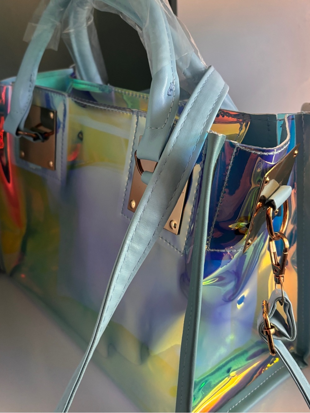 Iridescent Holographic on a transparency + Sky Blue PVC Tote Bag & Pouch. - Picture 4 of 11